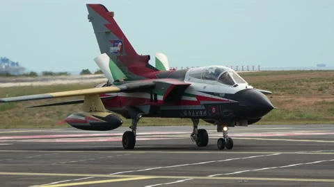 Close-up frontal view of a Luftwaffe Panavia Tornado IDS fighter jet arriving Stock Footage 320521338