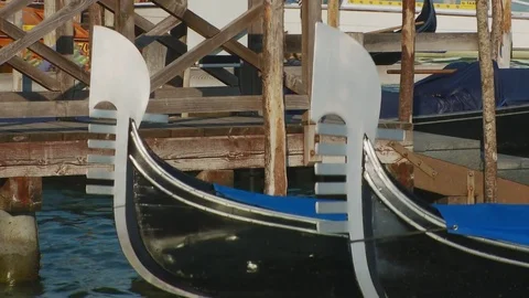 Close up of fronts of Gondolas Close at Saint Mark's Square, Venice Italy Stock Footage 83391302