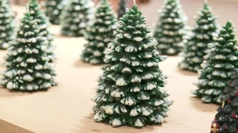 Close-up frosted miniature pine tree tabletop handcrafted ornament warm studio Video stock 321816146