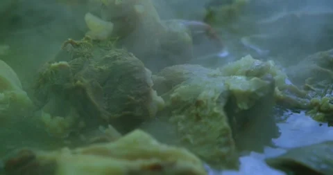 Close Up of Frying Meat in Cauldron for Plov Stock Footage 329620529