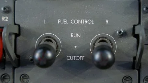 Close up a fuel control panel in the flight deck of a 787 airplane. Stock Photos