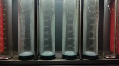 Close-up of fuel injectors spraying liquid into glass test tubes Stock Footage 332240693