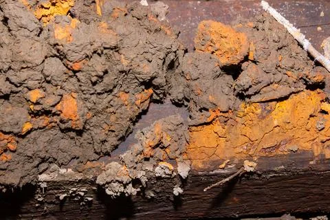 Close-up full frame of dry dirt on a rusty surface pattern. Foto stock