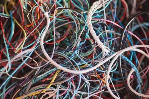 Close up full frame shot of tangled colorful craft threads and leather cords  Stock Photos