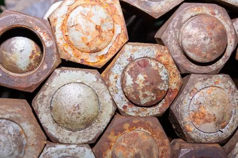 Close-up full frame of some old hex nuts and bolds. Foto stock
