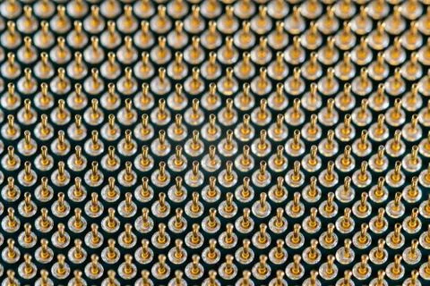 Close-up full frame view of gold plated microprocessor pin array. Abstract Foto stock