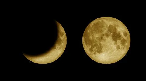 Close up of Full moon and crescent moon on dark night sky, black space. 2 Pha Stock Illustration