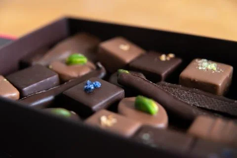 Close-up of a full open chocolate box Stock Photos