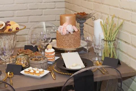 Close up of a fully set banquet table Stock Photos