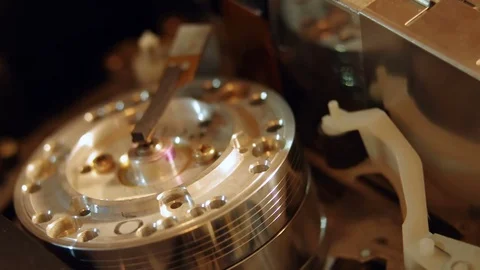 Close-up on a functioning mechanism inside an analog video cassette recorder Video stock 85386970