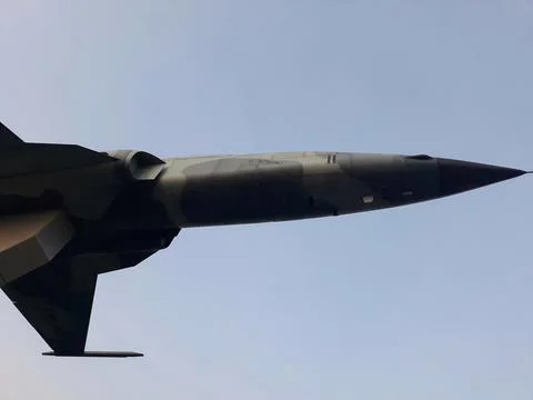 Close up fuselage and front line cockpit of jet military air plane 스톡 사진