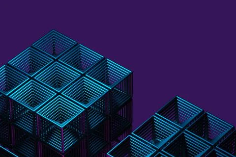 Close-up of a futuristic artificial intelligence cube in neon light on a purp Stock Illustration