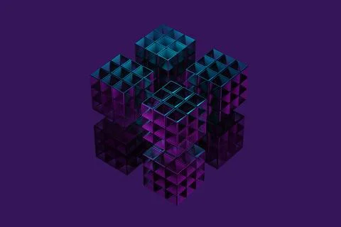 Close-up of a futuristic artificial intelligence cube in neon light on a purp Stockillustratie
