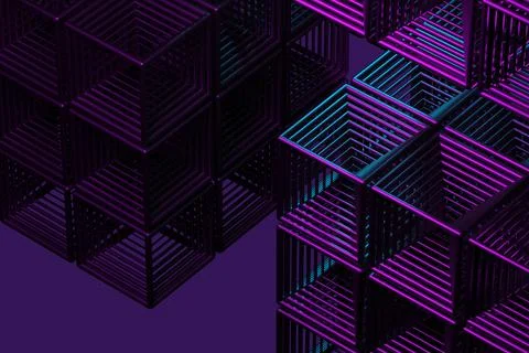 Close-up of a futuristic artificial intelligence cube in neon light on a purp Stockillustratie
