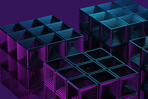 Close-up of a futuristic artificial intelligence cube in neon light on a purp Stock Illustration