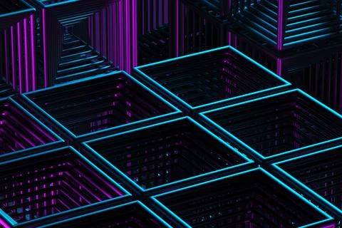 Close-up of a futuristic artificial intelligence cube in neon light on a purp Stock Illustration
