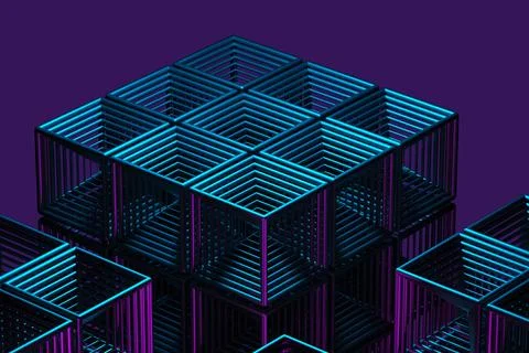 Close-up of a futuristic artificial intelligence cube in neon light on a purp Stockillustratie