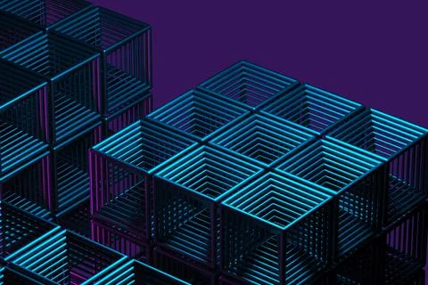 Close-up of a futuristic artificial intelligence cube in neon light on a purp Stock Illustration