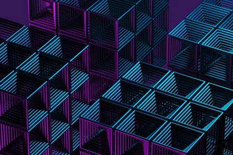 Close-up of a futuristic artificial intelligence cube in neon light on a purp Stockillustratie