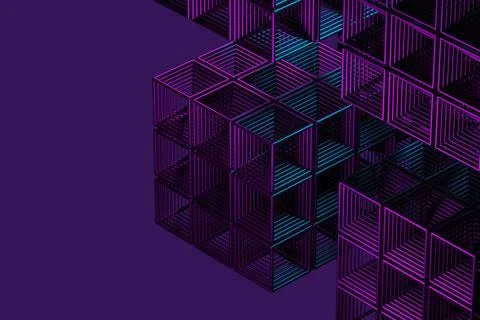 Close-up of a futuristic artificial intelligence cube in neon light on a purp 库存插图