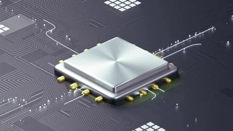 Close-up of a futuristic CPU chip on circuit board Stock Footage 327669418