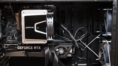 Close-up gaming PC tower with NVidia GeForce RTX 3080 istalled inside Stock Photos