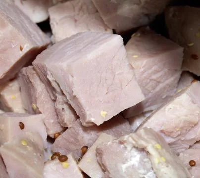 CLose Up of Gammon Ham Cubes Chunks Meat Stock Photos