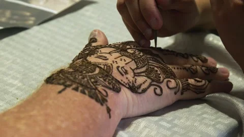 Close up: Ganesha Indian design applied to man's hand with henna dye Stock Footage 335124611