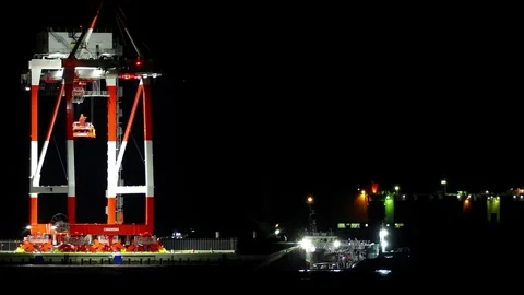 Close Up Gantry Crane Lit Up at Night No Audio Copy Space,4K Stock Footage 346166410