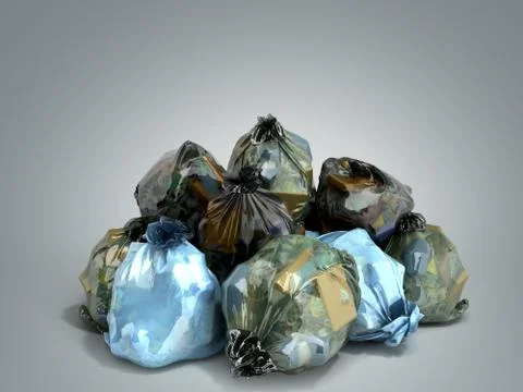 Close up of a garbage bags stack 3d render on grey background Stock Illustration
