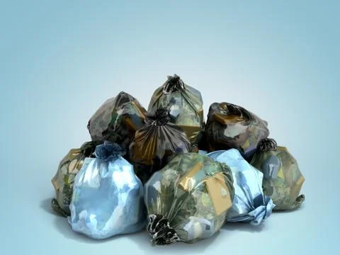 Close up of a garbage bags stack 3d render on blue background 스톡 일러스트