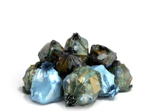 Close up of a garbage bags stack 3d render on white background Stock Illustration
