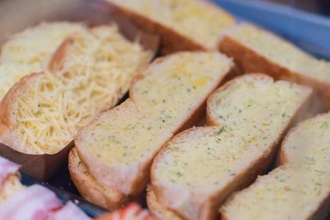 Close up of garlic bread with Cheese, thai street food market Stock Photos