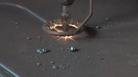 Close-up of a gas burner cnc machine cutting metal sheet Stock Footage 120524705