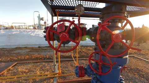 Close-up of a gas control valve at a gas field in Siberia. Video stock 247544902