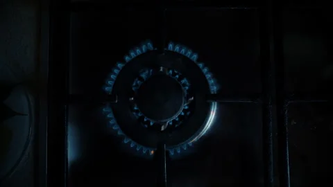 A close-up of a gas cooking ring being lit. Stock Footage 130476392