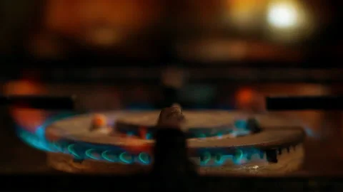 A close-up of a gas cooking ring being lit. Stock Footage 130480599