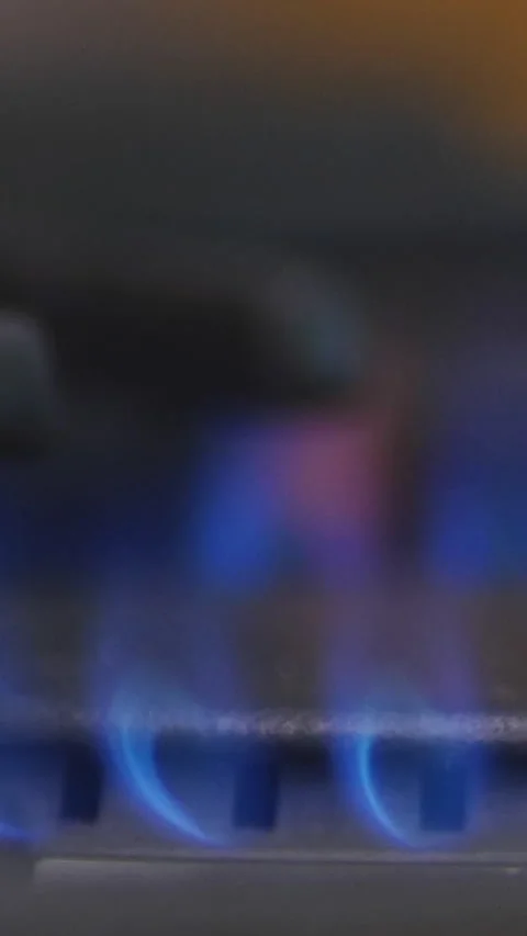   Close-Up Of A Gas Stove Flame Igniting And Burning Steadily Video stock 305383525
