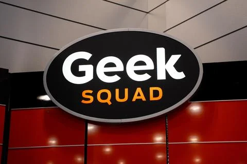Close up of Geek Squad sign inside electronics store. Toronto, Canada - August 5 Stock Photos
