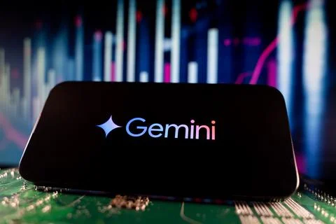Close up of Gemini logo on smartphone screen with technology and financial chart Stock Photos