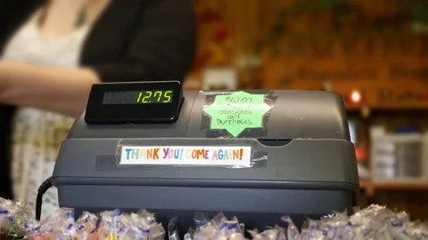 Close up of generic cash register in a small business after a transaction Stock Footage 81111036