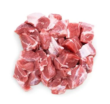 A close-up of a generous pile of raw, diced pork shoulder chunks, showcasin.. Stock Photos