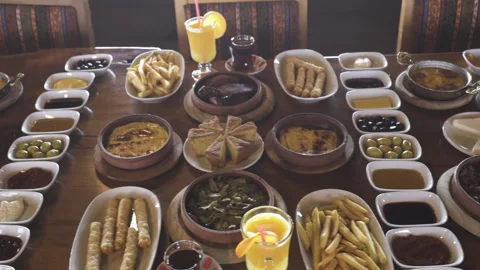 Close-up of a Generous Turkish Breakfast on the table in the restaurant. Stock Footage 144501846