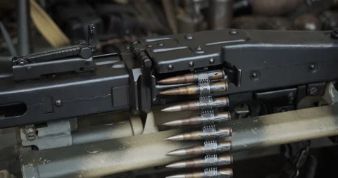 Close-up of German MG 42 machine gun with ammo belt from World War II. Stock Footage 314000672