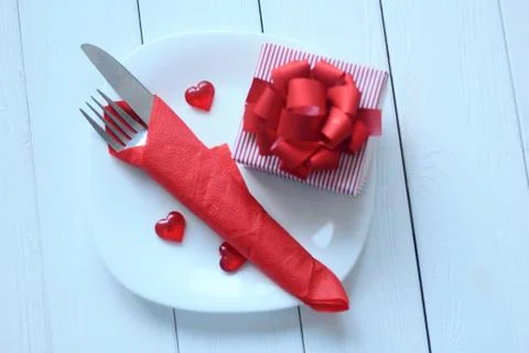 Close up.gift and table set for Valentine's day Stock Photos
