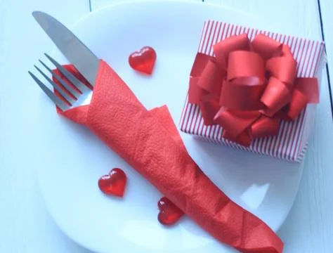 Close up.gift and table set for Valentine's day Stock Photos