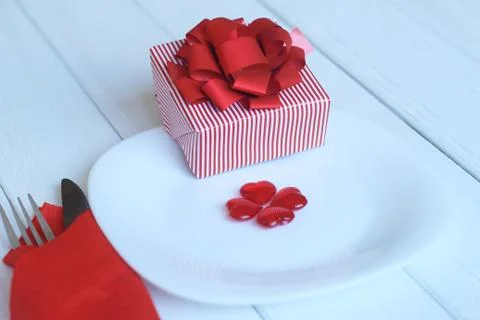 Close up.gift and table set for Valentine's day Stock Photos