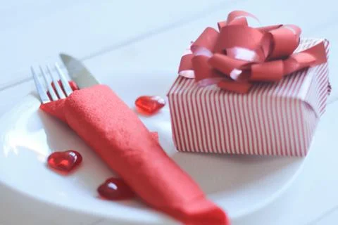 Close up.gift and table set for Valentine's day Stock Photos