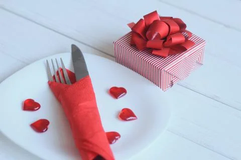 Close up.gift and table set for Valentine's day Stock Photos