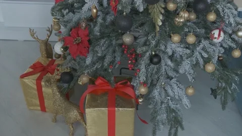Close up of a gift boxes and decoration under the Christmas tree. Stock Footage 142807704